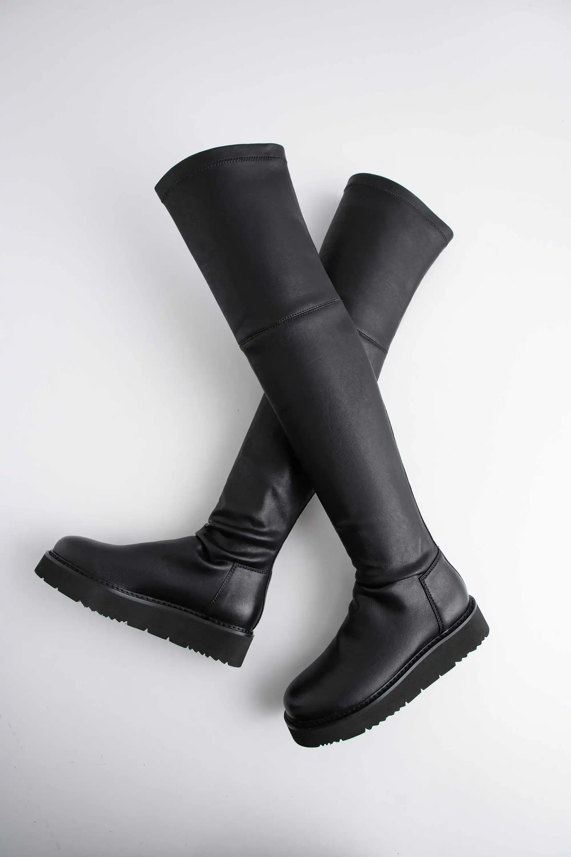 Krazing Pot Internet star streetwear stretch boots round toe med heels black colors daily wear women warm thigh high boots L9f2
