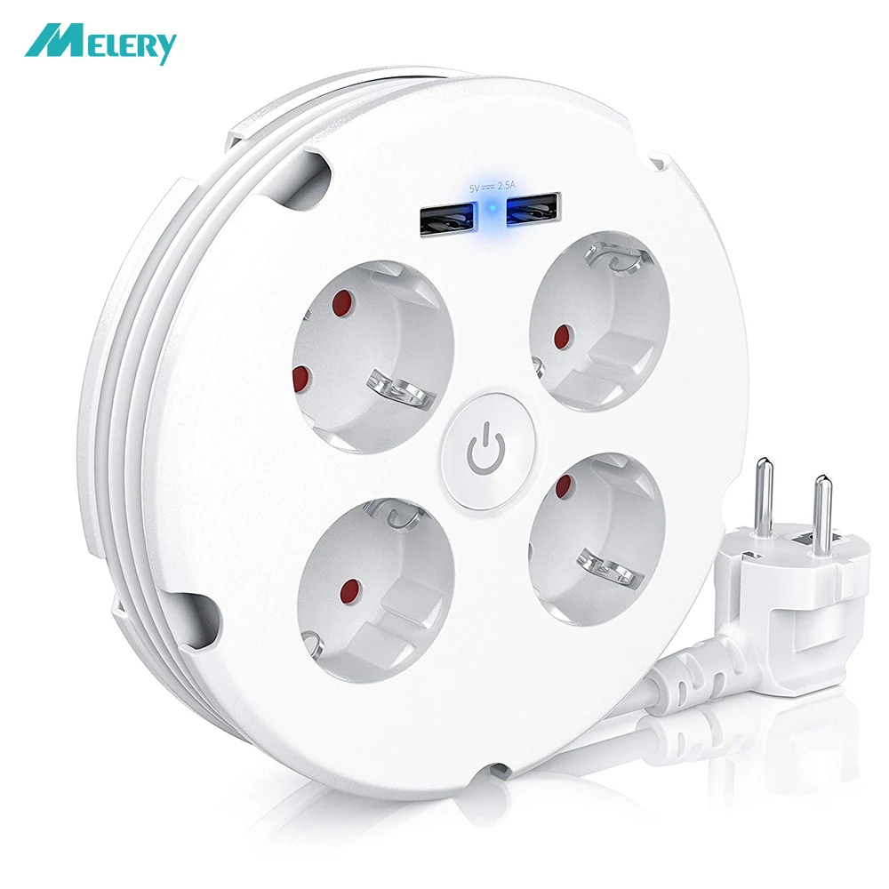 

Multiple Power Strip Electric Sockets 4 way Round 2 USB Charger Switch Outlets Illuminated Wall Mounting Circular Roll-up Cable