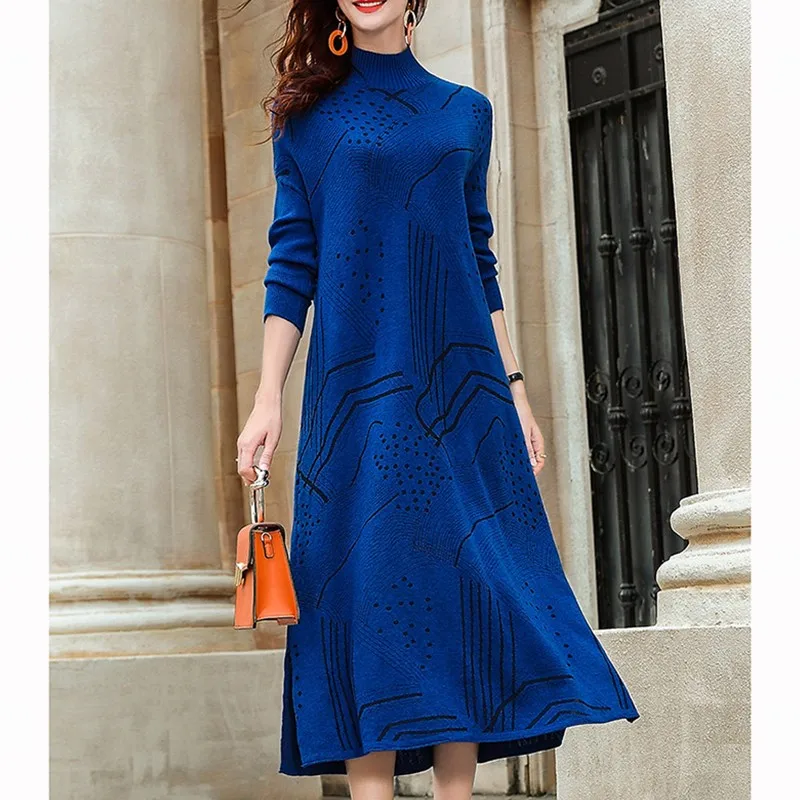

2021 New Vintage Blue Knit Turtleneck Wool Sweater Maxi Dress Autumn Winter Casual Women Elegant Bodycon Long Sweaters Dress