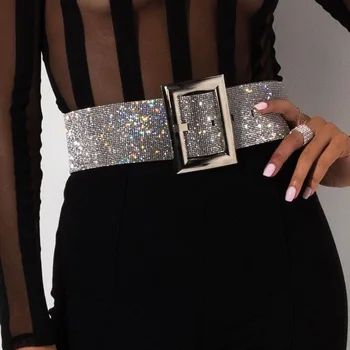 

2020 New Sequins Belt Women Fashion Gothic Night Club Wide Belts Streetwear Accessories Silver Cummerbunds Metal Buckle