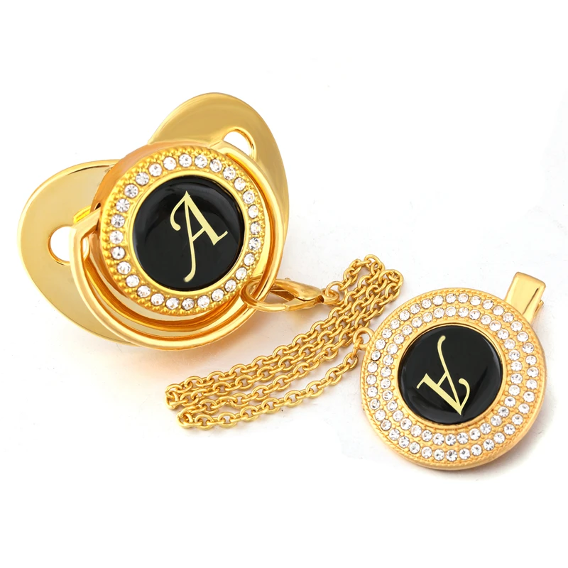 Gold Name Initials Letter J Luxury Baby Pacifier and Pacifier Clip Rhinestone Sparkling Pacifier Holder BPA Free