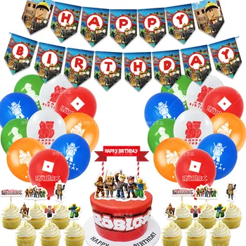 

Robloxs Birthday Party Set Pull Flag Cake Insert Card Balloon Set Game Robloxs Party Supplies Decoration Kid Surprise Gift
