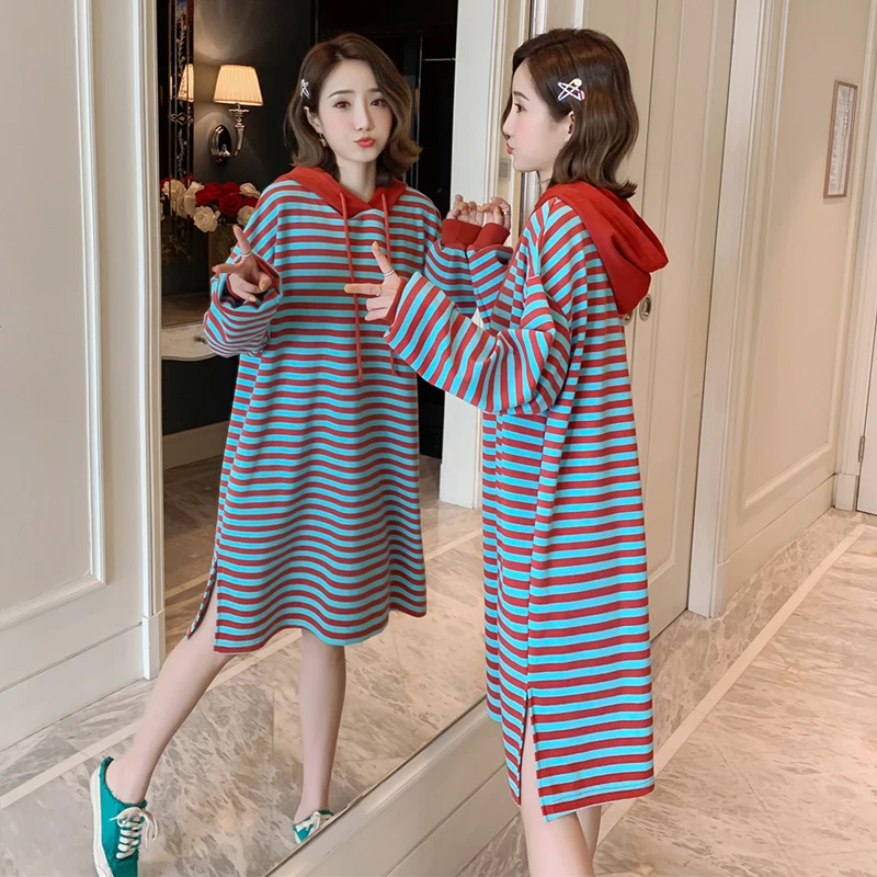

#0173 Cotton Loose Hoodies Tshirts Dresses Women Striped Long Sleeve Midi Dresses Hooded Casual Side Split Dresses Large Size