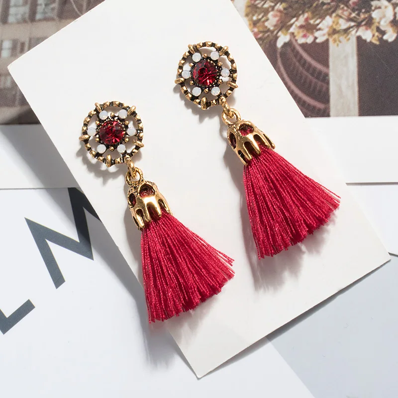 X& P богемные серьги с кисточками и кристаллами для женщин, красные серьги с бахромой из хлопка и шелка, Модные женские ювелирные изделия - Окраска металла: Red B