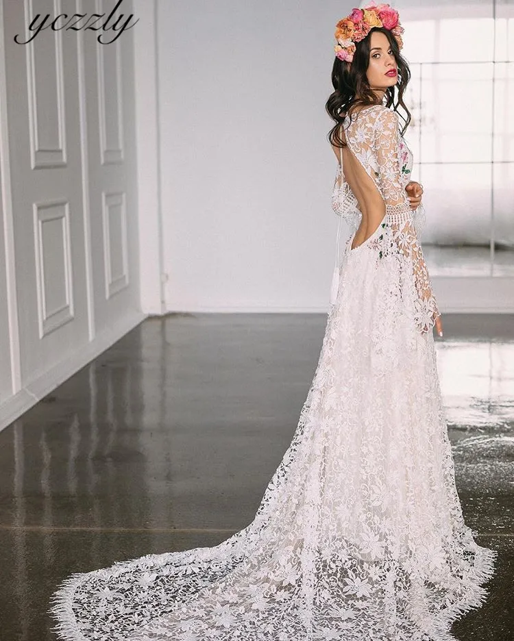 

Boho Wedding Dress Sexy V-neck Lace Beaded Mermaid Wedding Dresses With Flare Sleeves Long Backless Bohemian Wedding Dress W142