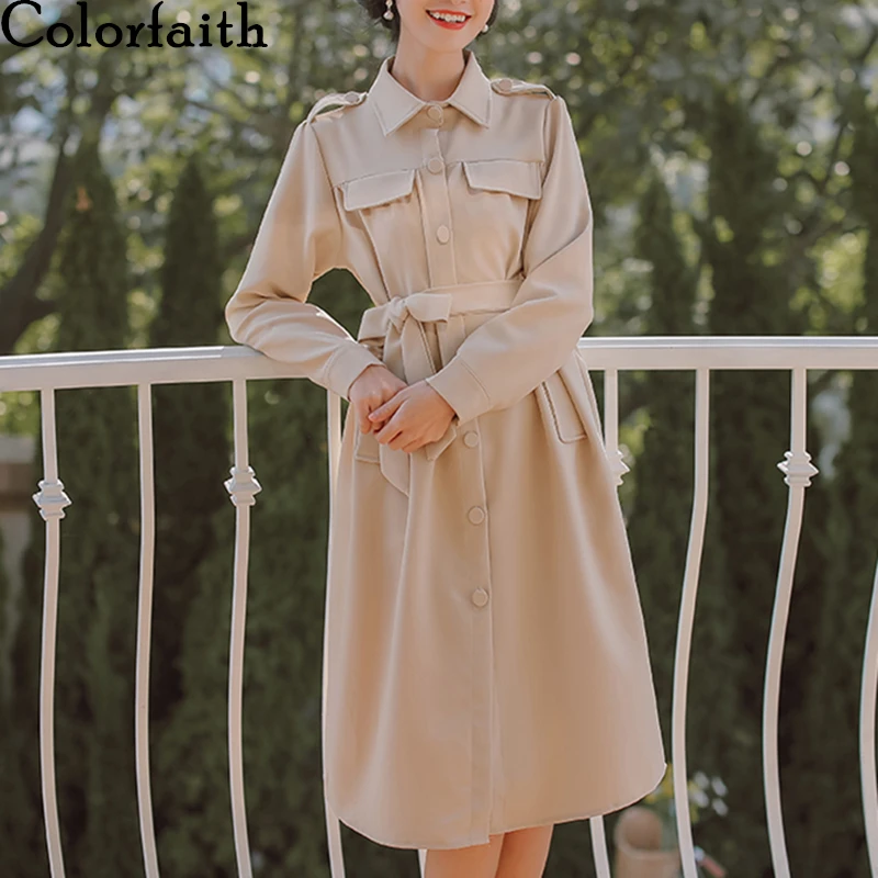 Colorfaith новинка 2020 весна-осень женское платье одноцветное с отворотом однобортное
