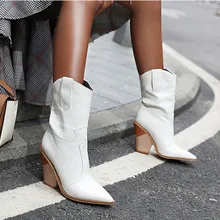 PUIMENTIUA/ковбойские ботинки в ковбойском стиле; женские ботинки до середины икры; зимние ботинки из искусственной кожи на танкетке; женские полусапожки с острым носком в ковбойском стиле