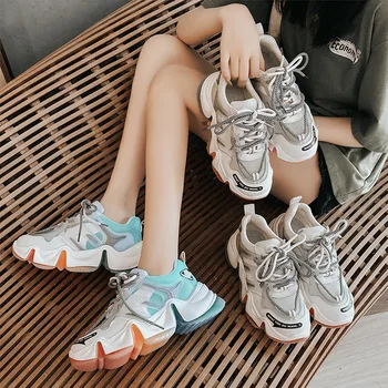 

Yiluan Leather Summer Rainbow Bottom Old Shoes Women 2020 New Casual Breathable Mesh Shoes Suction Film Bottom Jelly Sneakers