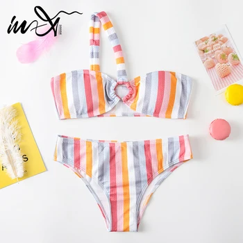 

In-X Asymmetrical swimsuit female Sexy one shoulder bikini 2020 Striped swimwear women bathers Ribbed bathing suit swimming suit