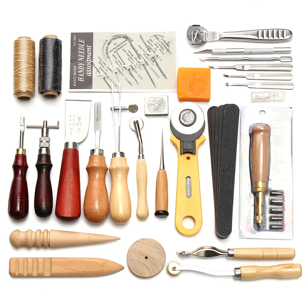 

37Pcs Leather Craft Tools Kit Hand Sewing Stitching Punch Carving Work Saddle Leathercraft Accessories