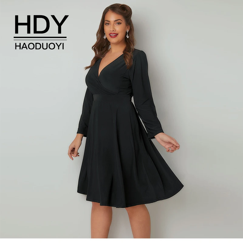 HDY Haoduoyi 2019 New Autumn Fashion Plus Size Simple V-neck Wrap Lace Up High Waist Solid Large Knee Length Women Dress | Женская