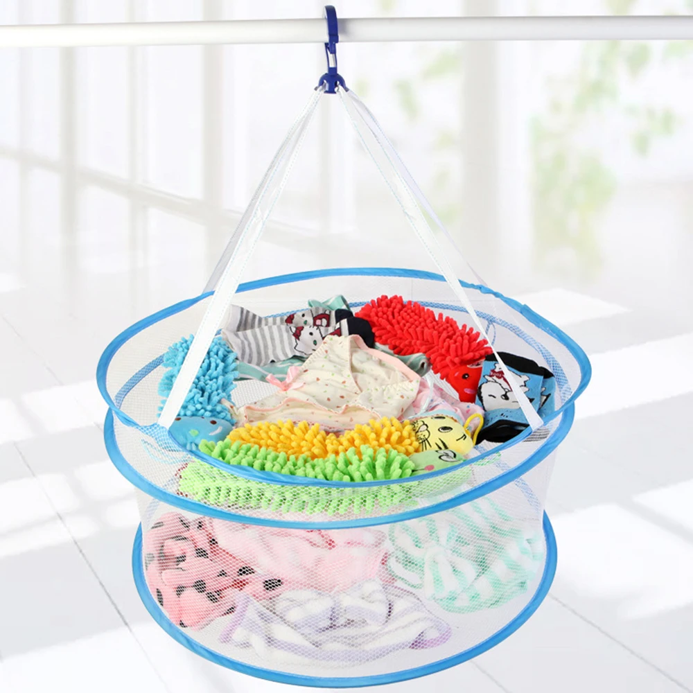 

Folding Hanging Laundry Basket With Windproof Hook Closed Foldable Double-layer Drying Rack Clothes Basket Household Supplies