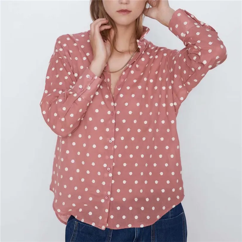 

Women chic polka dots print pink blouse 2019 long sleeve turn down collar casual shirt vintage basic loose tops blusas