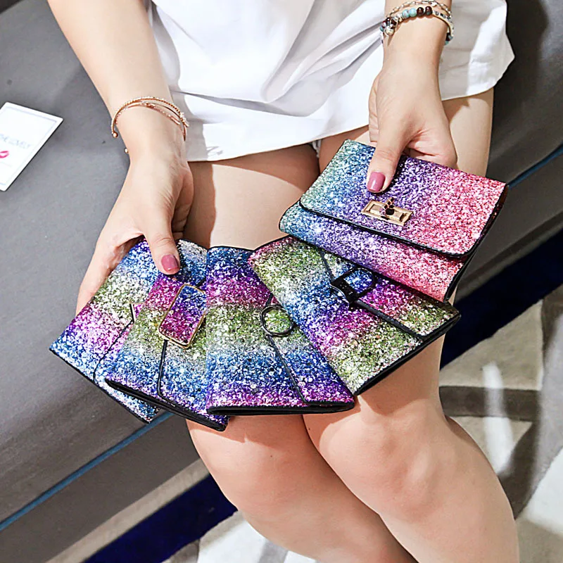 

2019 new style three-fold personality women's wallet rainbow color bright and short women's bag wallet purse purses