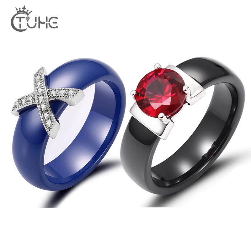 New Healthy White Pink Blue Ceramic Rings For Women With AAA Red Crystal X Cross Wedding oo3KMVOj1MR