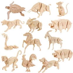 Quebra cabeça 3d montessori de brinquedo, quebra cabeça diy, animais, de madeira, para montagem, brinquedo educacional feito à mão, presente para crianças