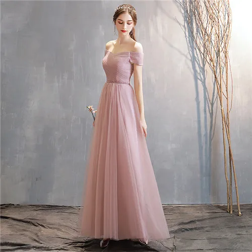 Beauty Emily V Neck Long Bridesmaid Dress Lace Up Back Strapless Elegant Tulle Party Dress For Wedding Vestido de dama de honor - Color: Pink A