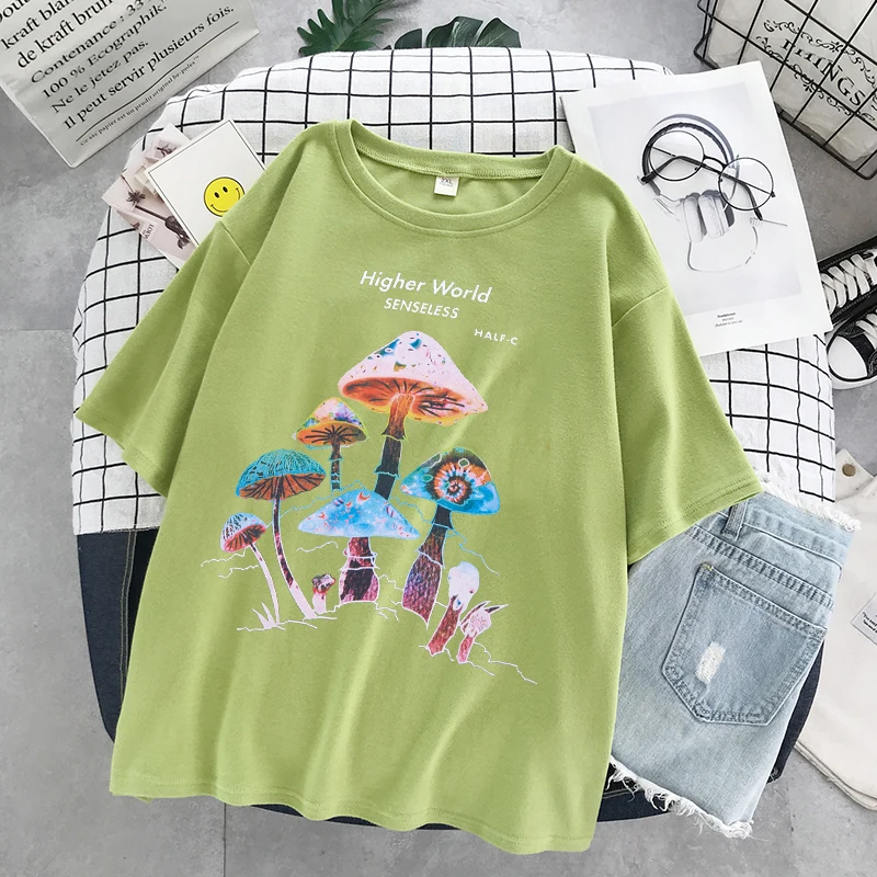 Cotton Material Retro Apricot Mushroom Cute T Shirts O-neck Casual Summer Plus Size Woman Tshirts 2021Fashion Streetwear Clothes palm angels t shirt