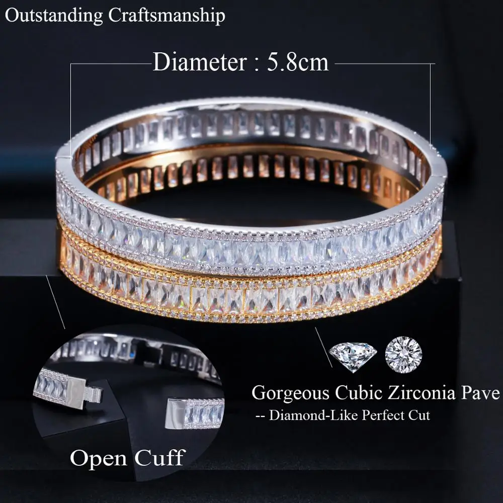 CWWZircons Luxury Baguette CZ Cubic Zircon Round Open Bangle Bracelet New Trendy Brand Women Party Wedding Bridal Jewelry BG042 5