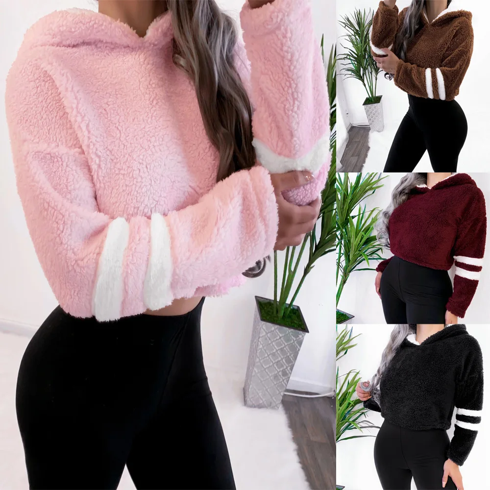

Winter Pure Color Long Slleve Pullover with Hat Crop Jacket Women