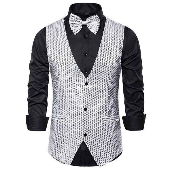 

Men's Gold Shiny Sequins Vests with Bowtie Slim Fit V Neck Wedding Groom Waistcoat Men DJ Bar Stage Prom Paillette Gilet Homme