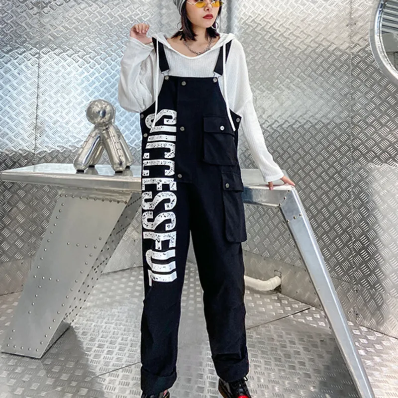 

XUXI Autumn 2020 Women High Waist Overalls Streetwear Loose Splicing Fashion Printing Large Size Strap pantalon femme FZ2718