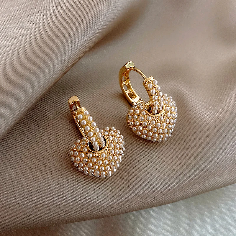 Korea New Design Fashion Jewelry Sweet Love Full Pearl small hoop 14K real gold Earrings Elegant Women Wedding Party Earrings