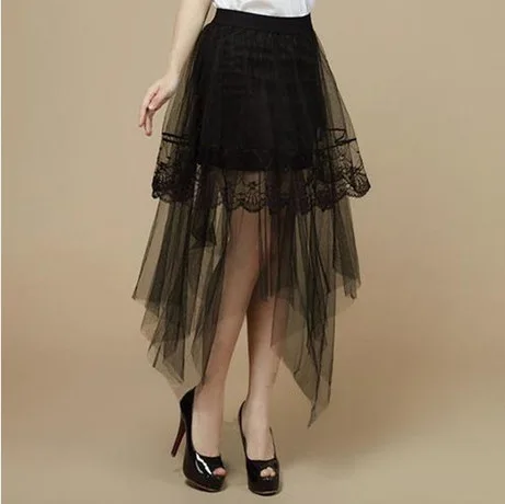 

2019 Summer New Style Lace Gauze Transparent Skirt Irregular shuang ceng sha Medium-length Dress