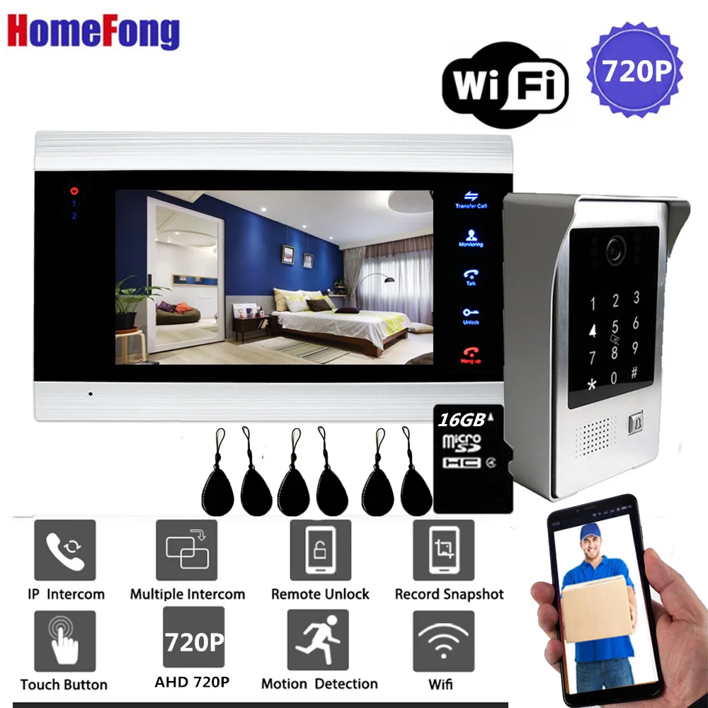 Homefong 7 Inch WiFi Smart Wired Video Door Phone Intercom Door Entry System Door Bell Motion Record Password RFID Card