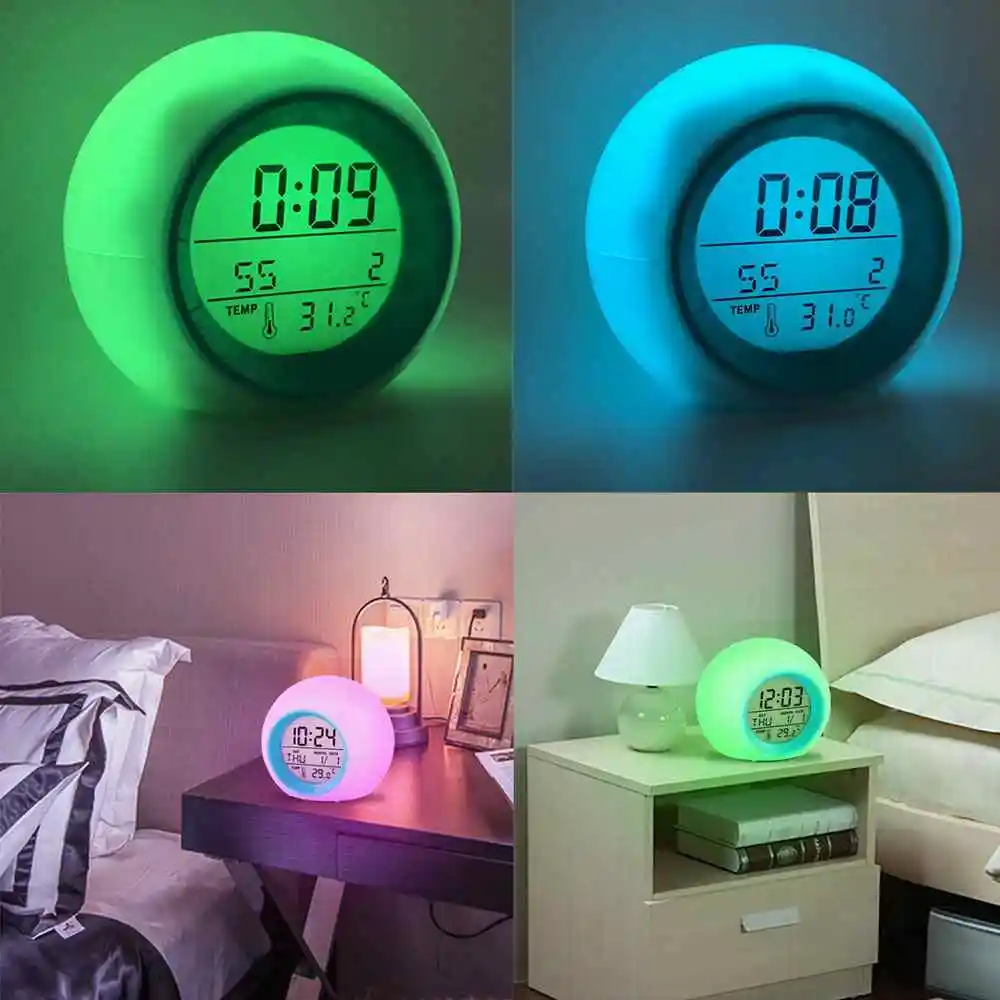 Reloj despertador Digital para mesita de noche, reloj de escritorio  decorativo, Led que cambia de Color con termómetro