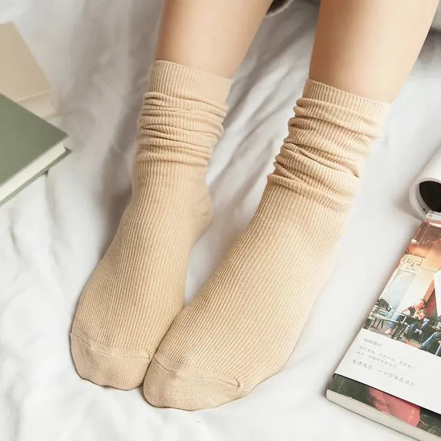 CHAOZHU  Japanese Korea High School Girls High Socks Loose Solid Colors Double Needles Knitting Cotton Long Socks Women Khaki