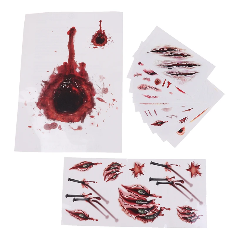 11Pcs Fashion Design Waterproof Temporary Tattoo Sticker Halloween Terror Wound Realistic Blood Injury Scar Fake Tattoo Sticker