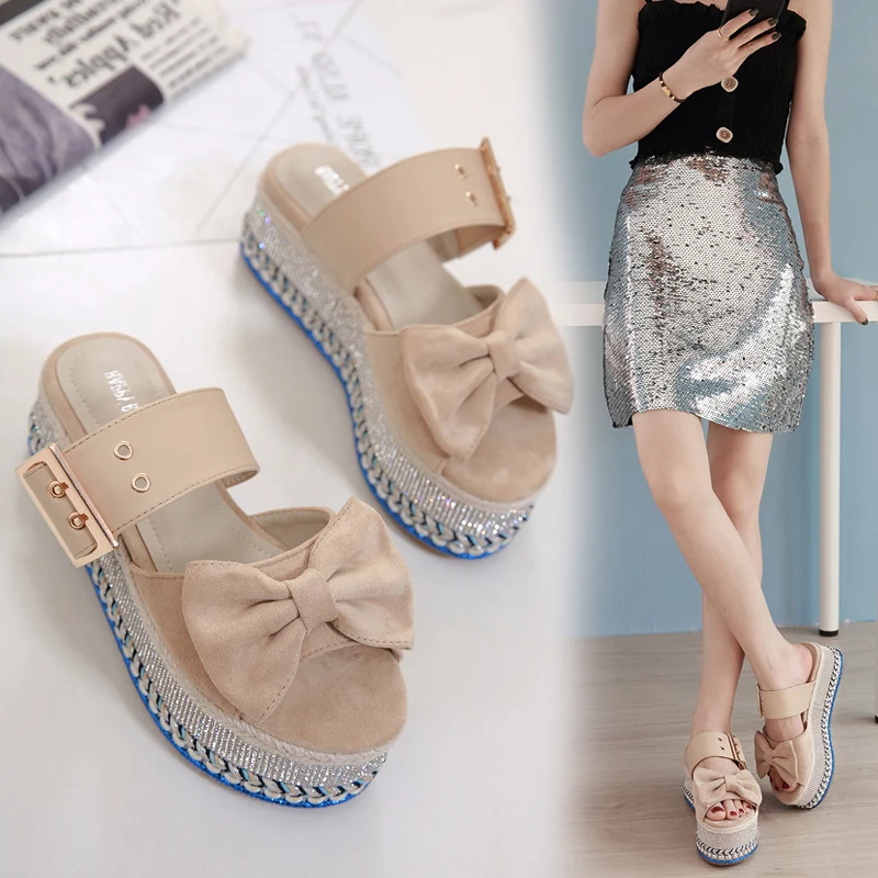 2020 new Women 6.5cm High Heels Platform Wedges Sandals Crystal Slides Diamond Slippers Beach Luxury Design Belt Glitter Shoes | Обувь