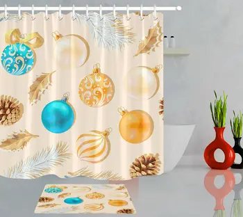 

Christmas Ball Leaf Nut Decor Bathroom Shower Curtain Set Waterproof Fabric