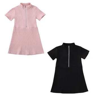 

Summer Kids Girls Baby Solid Dress Short Sleeve Zipper Cotton A-Line Dress Party Princess Dress 1-6Y