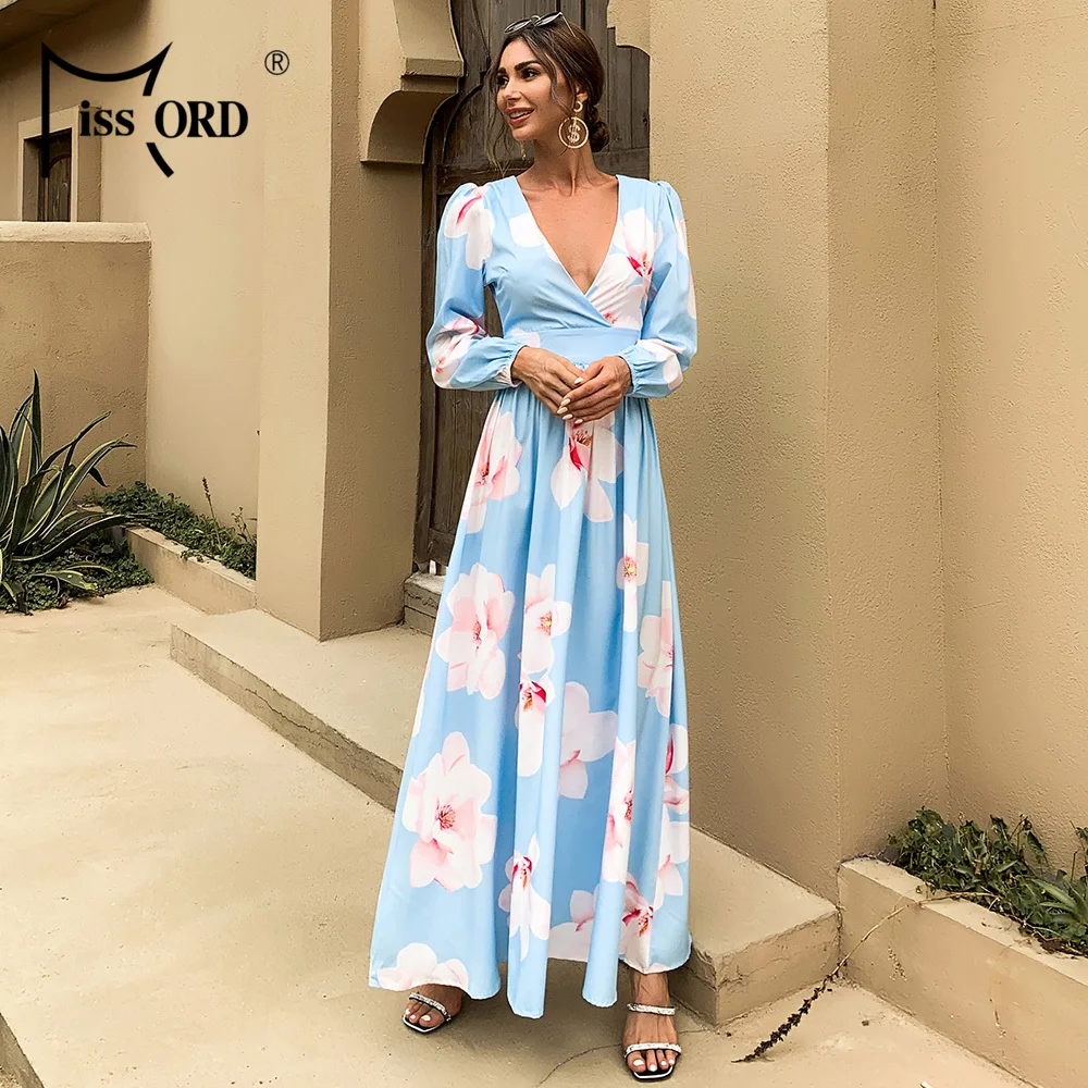 Missord Sexy Deep V Neck Boho Beach Dress Women Long Sleeve Floral Print Dress Casual High Waist Maxi Party Dress Vestido M0582