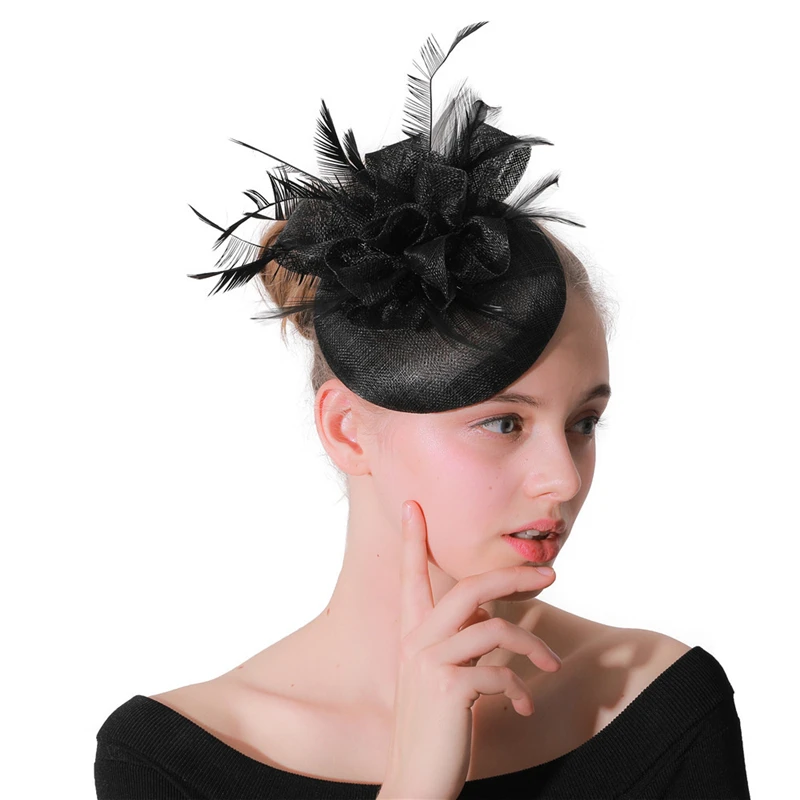 vintage millinery fedora hat Women Wedding hair fascinators hats navy beauty sinamay loops headpiece feather married headdress
