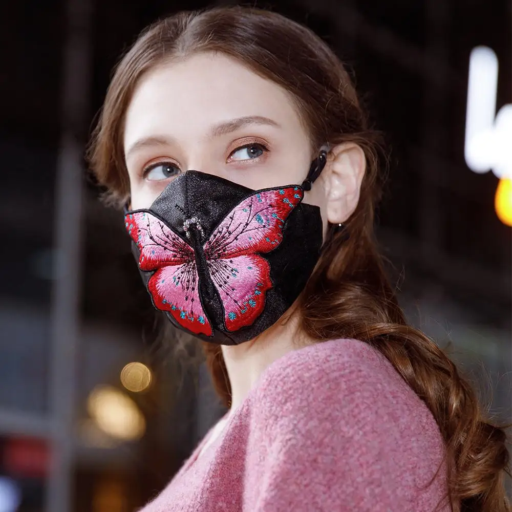 

(in stock) MeHow Mask KZ004 + Free 5PCS N95 mask filters Fahion Women Embroidery Butterfly Masks Dust-proof Mouth Face Cover