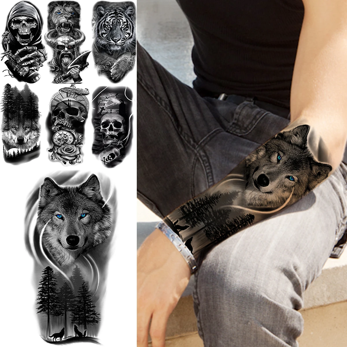 

3D Black Wolf Forest Forearm Temporary Tattoos For Men Adult Skull Tiger Warrior Fake Tattoo Body Art Washable Half Sleeve Tatoo