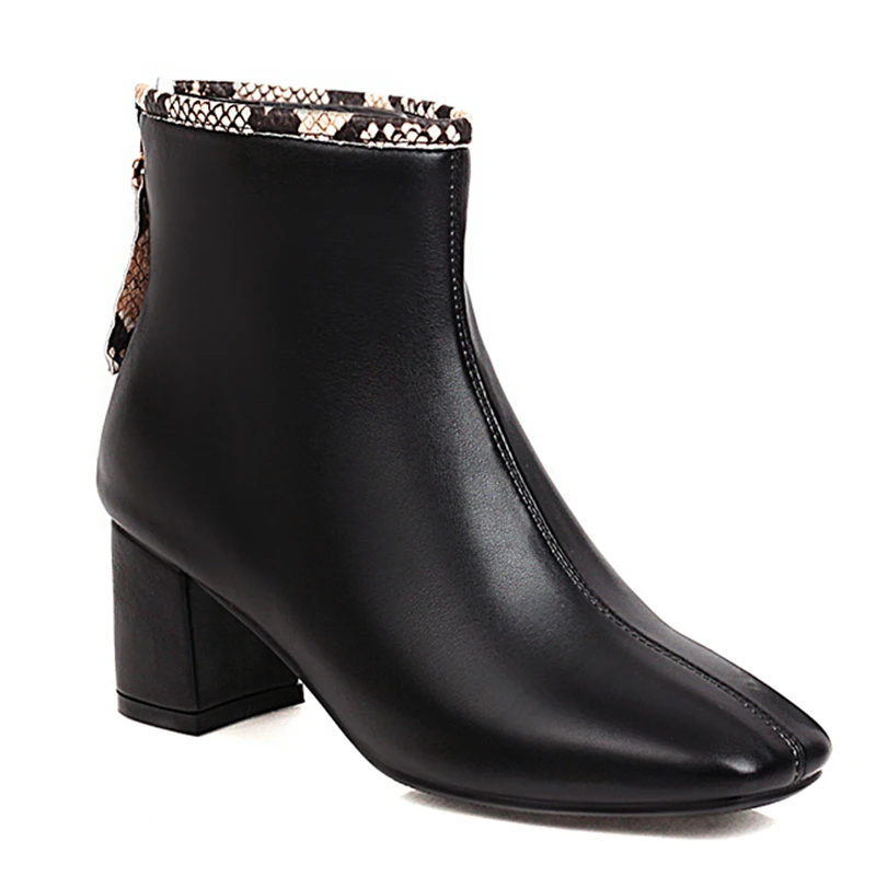 

Oversized Snake Print Border Square Toe PU Ankle Boots Thick Heel Zipper Plush Fashion Simple Women's Boots