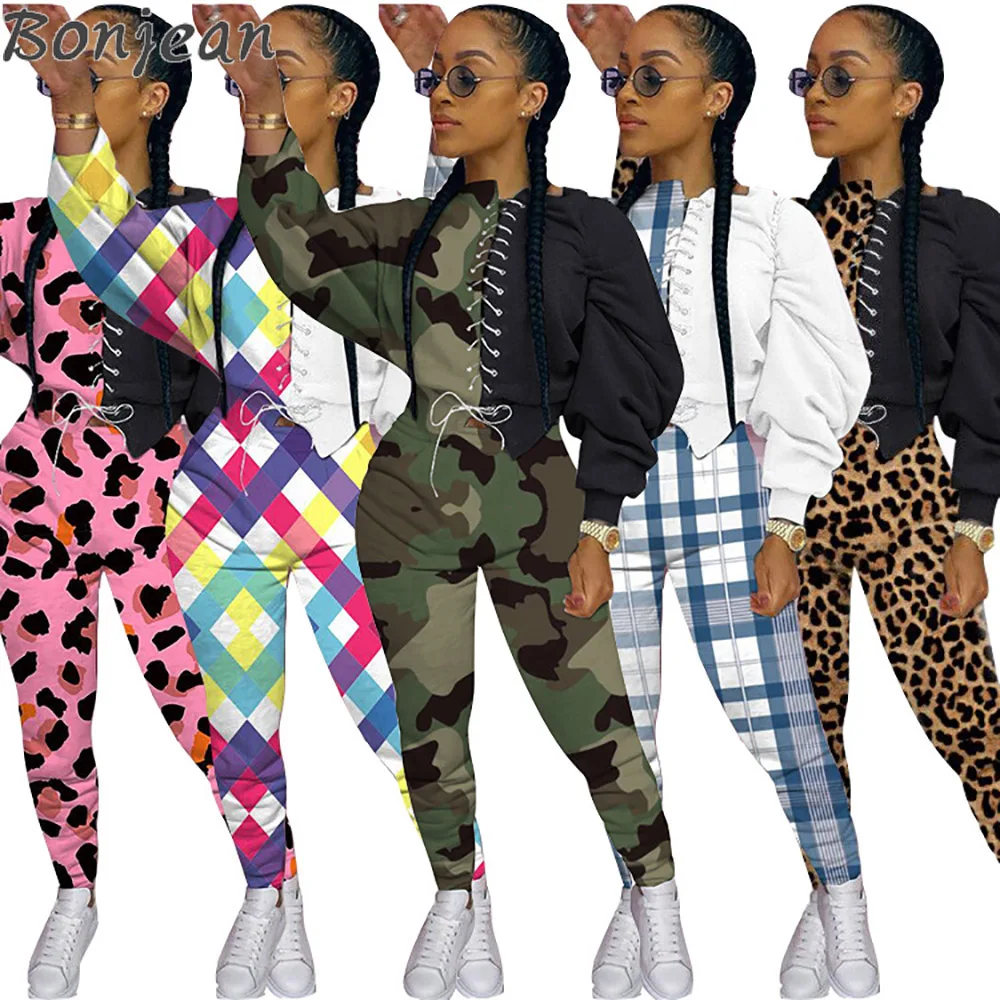 

Autumn Patchwork Sportwear Two Piece Sets For Women Leopard Print Lace Up Sweatshirts and Sweatpants Female Sweatsuit Outfit