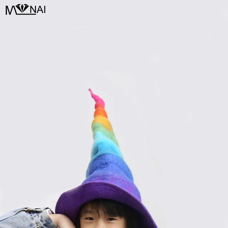 Witch Hat Halloween Street Popular Funny Creative Hats Rainbow Wizard Handmade Woolen Felt Hat Head Wear Cosplay Party