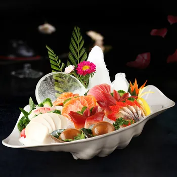

Melamine sushi plate sashimi fish ice tray buffet tableware fruit seafood plate Japanese and Korean cuisine conch display plate