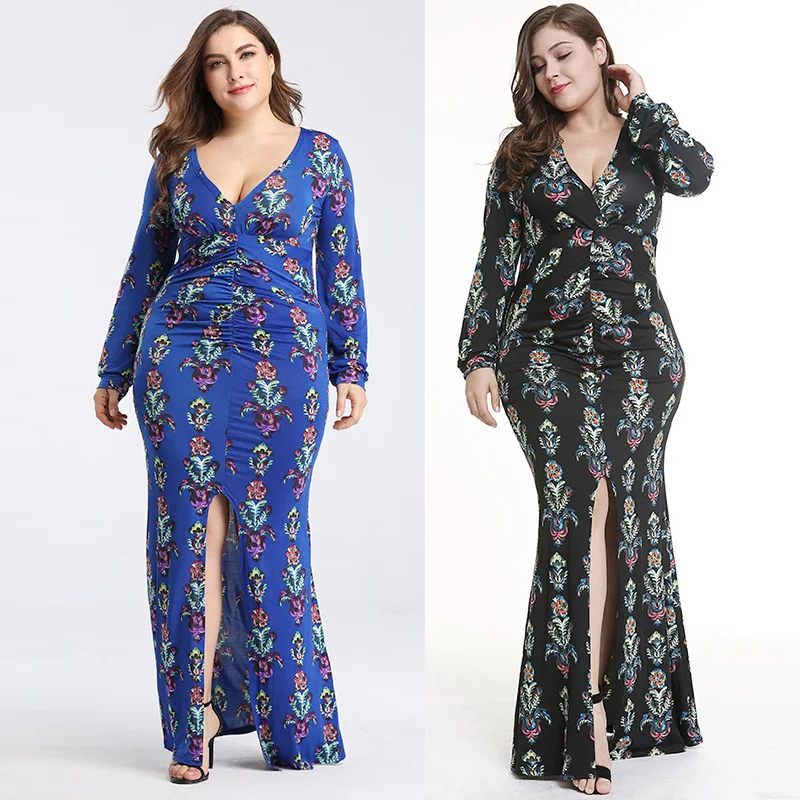 1860412 Amazon Spring And Summer Cross Border Europe And America New Style Bohemian Style Dress Printed Large V Slit Long Skirts
