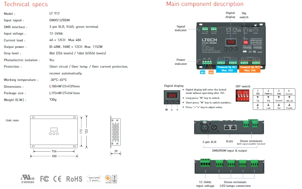 Светодиодный декодер DMX512; DC12-24V вход; 4А* 12CH 12 канальный выход RGB/RGBW светодиодный декодер XLR-3/RJ45 LT-912-O светодиодный/LT-912