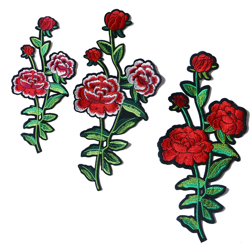 

Rose with Leaves in Love Embroidered Iron on Patches for Clothing DIY Stripes Clothes Patchwork Sticker Custom Flowers Badges