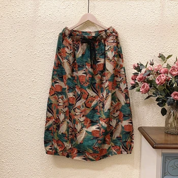 

Multi color spring autumn skirts womens 2020 art RETRO elastic waist print Linen Skirt casual bud skirt