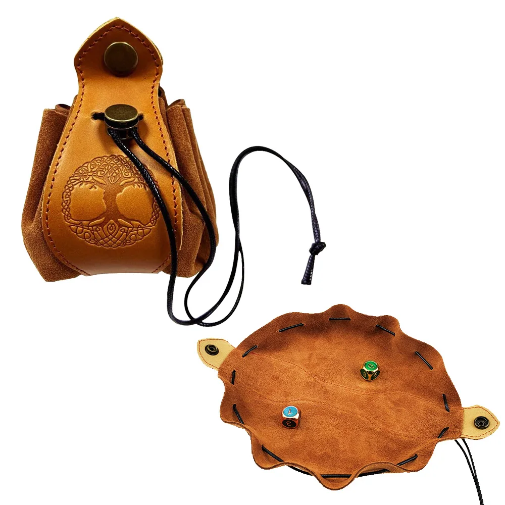 Portable Genuine Leather Drawstring Pouch Dice Bag Tray for Polyhedral Cube Coin Slingshot DND D&D RPG Game Accessories