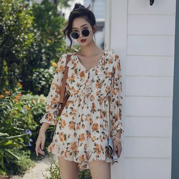 

Original film little printed chiffon jumpsuits seaside Bohemia resort culottes elastic waist shorts