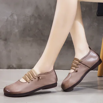 

ALISHINREY 2020 New Retro Genuine Leather Women Flat Breathable Casual Flat Shoes Comfortable Soft Bottom Women Shoes